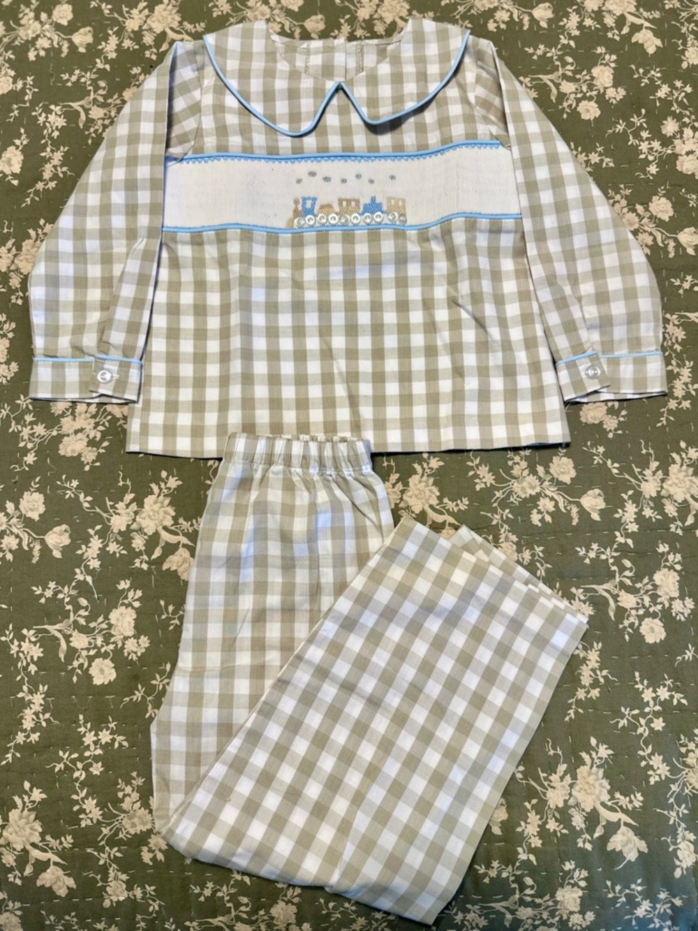Tan Gingham Boys Set with Train Embroidery